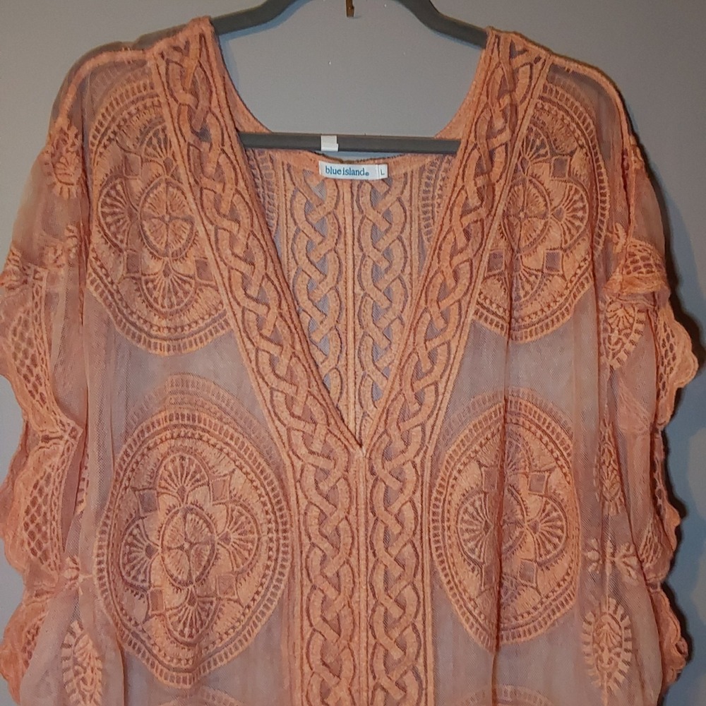 BLUE ISLAND Women's Large Sheer Orange Lacey Swimsuit Cover-up Beach‎
